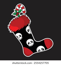 Christmas creepy red stocking with candy cane. Christmas holiday season aesthetic. Vector skull sticker isolated on black background.