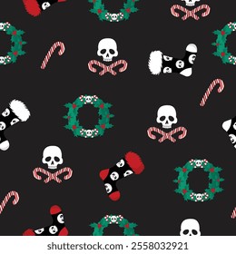 Christmas creepy seamless pattern with skull, stoking,wreath,candy. Vector creepmas pattern eps.