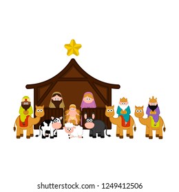 Christmas crib with all characters. Vector illustration design