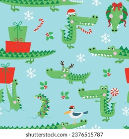 Christmas Crocodile pattern design with several alligators - funny hand drawn doodle, seamless pattern. Adorable Xmas characters. Hand drawn doodle set for kids. Good for textile, nursery, wallpaper.