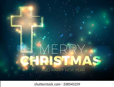 Christmas Cross, bright Christmas background with Christmas greetings with shape of the shining cross