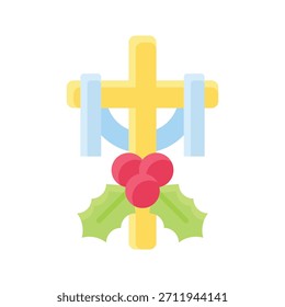 Christmas Cross With Holly Leaves Vector Illustration, Flat Style Icon