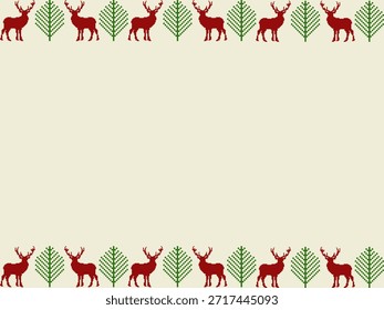 Navidades de punto de cruz con renos rojos y árboles verdes. Perfecto para marcos de vacaciones, tarjetas de felicitación y Plantillas festivas con espacio para texto.
