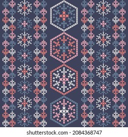 Christmas cross-stitch. Snowflakes. Seamless pattern. Holiday fabric. Vector illustration for web design or print.