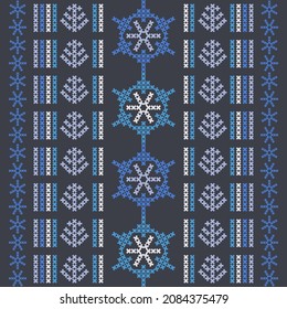 Christmas cross-stitch. Snowflakes. Seamless pattern. Holiday fabric. Vector illustration for web design or print.