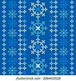 Christmas cross-stitch. Snowflakes. Seamless pattern. Holiday fabric. Vector illustration for web design or print.
