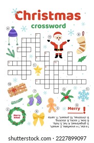 Christmas crossword. Educational puzzle game for kids. Christmas words. Flat, cartoon. Isolated vector illustration eps 10