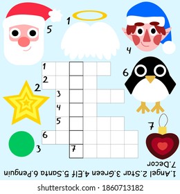 Christmas crossword for kids stock vector illustration. Funny educational children word game in English. Winter holidays crossword with funny cartoon character and keyword - garland. One of a series