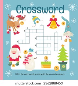 Christmas crossword page printable for children. Preschool games. Christmas Characters and objects – gnome, reindeer, bell, gift box, snowman, christmas tree, Santa. Vector illustration. Square page f