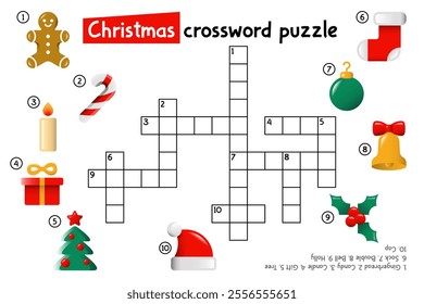 Christmas crossword puzzle for kids with Christmas tree, bauble, Santa Claus sock, hat, bell, holly, candy cane, gift box, candle, gingerbread man in cartoon style. Colorful crossword with answers.