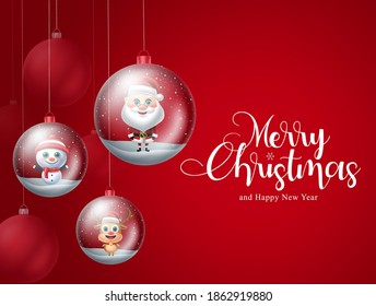 Weihnachtskristall, Vektorhintergrund-Design. Fröhlicher Weihnachtsgrußtext mit Figuren wie Santa Claus und Schnee-man-Kristallkugel auf rotem Hintergrund für Weihnachtskartendesign.