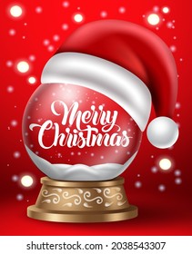 Christmas crystal ball vector design. Merry christmas text in snow globe element with santa claus hat for xmas winter holiday season background. Vector illustration.
