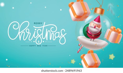 Navidades bola de cristal diseño de Vector. Feliz navidad y feliz año nuevo texto de saludo con el personaje de santa claus de pie en la barba de cristal colgante, cajas de regalo, caña de caramelo, estrellas, Elementos de confeti 