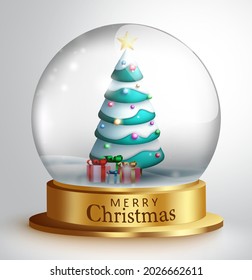 Diseño de elementos vectores de bola de cristal de Navidad. Bola de cristal de nieve de navidad con árbol de navidad y elementos de regalo para la decoración de adornos de temporada de vacaciones. Ilustración del vector