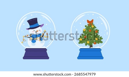 Christmas crystal balls with a snowman and Christmas tree. Cute New Year's gift. Magical winter glass ball with snow inside.