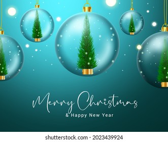 Christmas crystal balls vector design. Merry christmas text with crystal ball hangging with xmas tree decoration element for holiday season background. Vector illustration
