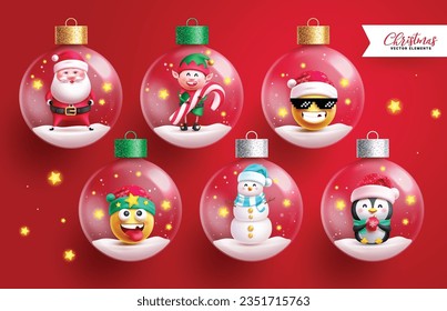 Diseño del conjunto de vectores de bolas de cristal de Navidad. Caracteres navideños en bolas de vidrio, esfera, brillantes elementos transparentes con fondo rojo mágico. Ilustración vectorial colección de bolas de vidrio de navidad.
