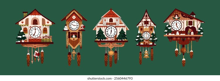 Christmas cuckoo clocks set. Old wooden wall watches with bird for winter holidays. Cute Xmas decoration with shape of house, figures of Santa Claus, hanging cones. Flat isolated vector illustrations