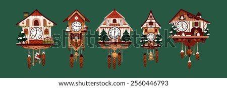 Christmas cuckoo clocks set. Old wooden wall watches with bird for winter holidays. Cute Xmas decoration with shape of house, figures of Santa Claus, hanging cones. Flat isolated vector illustrations