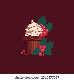 Christmas cup cake with fir branch and red berries on chocolate background.New year cards,poster,design,invitations.Vector illustration.