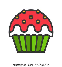 christmas cup cake icon decoration with candy  editable outline
