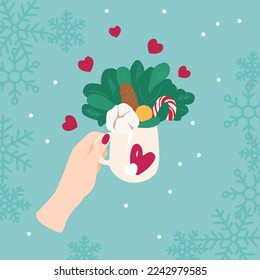 Christmas cup with candy,  fir branches and cone, cotton and hearts. Festive greeting card design.  Merry Christmas background with snowflakes. Vector illustration.