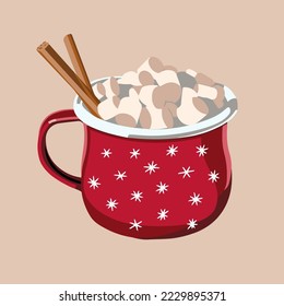 Christmas cup. Cinnamon. Marshmallows. Vector.