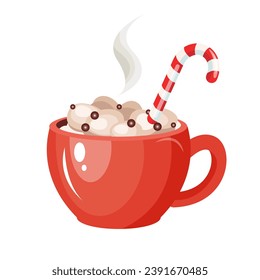 Christmas cup with cocoa, marshmallows, chocolate chips and candy cane. Red mug with cocoa, hot chocolate or coffee. Winter vector illustration in cartoon style