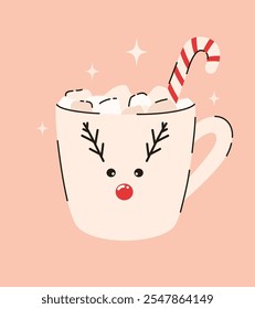 Xícara de Natal com cacau e marshmallows. Ilustração de vetor plano.