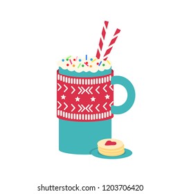 Christmas cup of coffee with cookies, isolated illustration on white background, vector