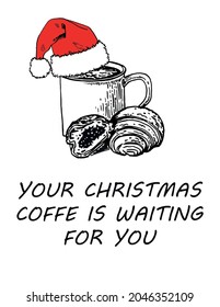 Christmas cup of coffee with croissant with text,vector illustrated foof banner design