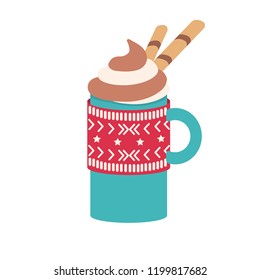 Christmas cup with coffee, isolated, vector illustration on white backgroud