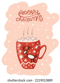 Christmas cup with deer. Hot drink. Flat. Vector illustration. Merry Christmas and Happy New Year card.