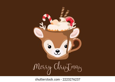 Christmas cup with deer and sweets. Vector holiday card with coffee cup, Christmas ornaments, fir tree, candy canes, hand written phrase "Season's greetings".Vector