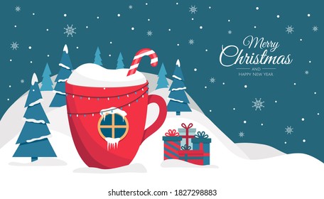 Christmas Cup With A Drink, In The Form Of A House In The Woods. Background For Invitation Or Seasons Greeting.