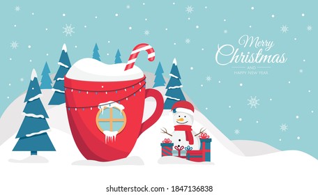 Christmas Cup With A Drink, In The Form Of A House In The Woods. Background For Invitation Or Seasons Greeting.