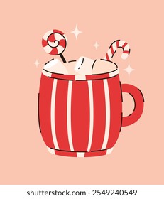 Xícara de Natal com bebida. Chocolate quente com marshmallows. Ilustração de vetor plano.