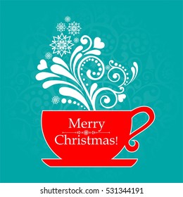 Christmas cup with floral design elements. Menu for restaurant, cafe, bar, tea-house. Vector Illustration