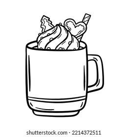 Christmas cup with Hot chocolate or coffee with whipped cream and waffle rolls. Vector illustrations in cartoon style. Tasty warm drink coloring page. For print