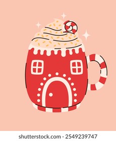 Xícara de Natal com chocolate quente. Ilustração de vetor plano.