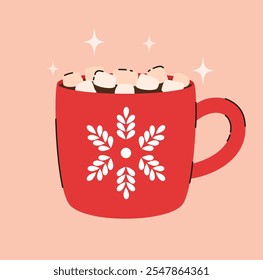 Christmas cup with hot chocolate and marshmallows. Flat vector illustration.