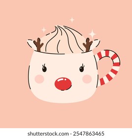 Christmas cup of hot chocolate with whipped cream. Flat vector illustration.