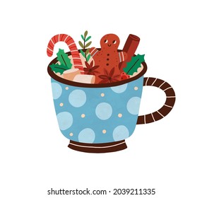 Christmas cup with hot chocolate. Winter holiday spiced drink in mug. Xmas sweet cocoa with gingerbread, marshmallow, cinnamon stick, anise star. Flat vector illustration isolated on white background