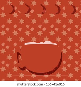 Christmas cup with hot cocoa and marshmallows on a red background with snowflakes.