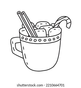 Christmas cup of hot cocoa with marshmallows and candy cane doodle illustration. Vector Christmas dessert