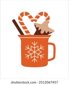 Christmas cup with hot drink, candy canes, cinnamon and ginger cookie. Clip art for Christmas card. Happy New Year. Vector isolated illustration. Flat Design.