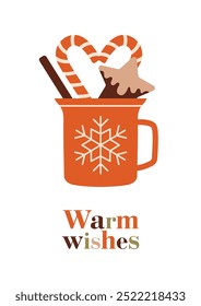 Christmas cup with hot drink, candy canes, cinnamon and ginger cookie. Merry Christmas, Happy New Year card template with text "Warm wishes". Vector isolated illustration. Flat Design.	