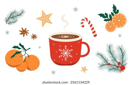 Christmas cup with hot drink, orange slices, candy canes, and pine branches