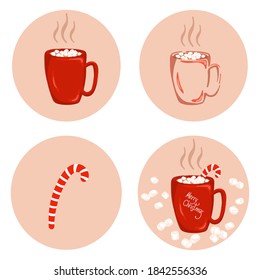 Christmas cup or mug with hot drink icon set. Cocoa, hot chocolate or coffee with marshmallow and candy cane. Xmas and winter holidays banner or greeting card cartoon design elements. Vector.