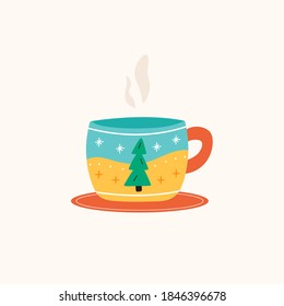 Christmas cup or mug of hot drink with cute fir tree and winter decoration on plate . Vector illustration in flat cartoon style.	